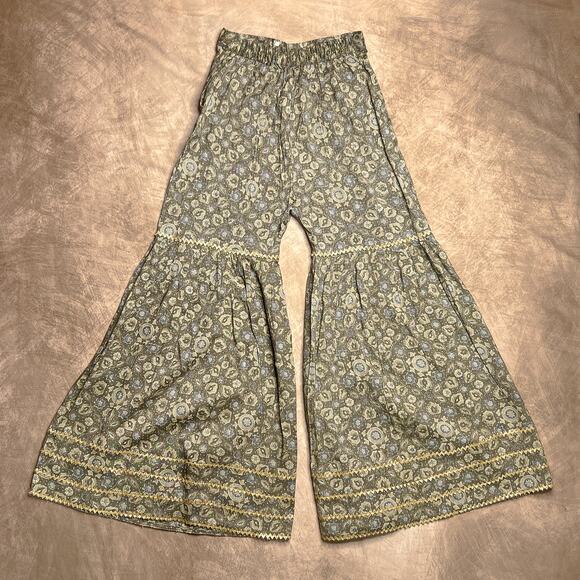 Vintage 70s High Rise Wide Leg Cropped Floral Print Bell Bottom Flare Pants Boho - Picture 10 of 10